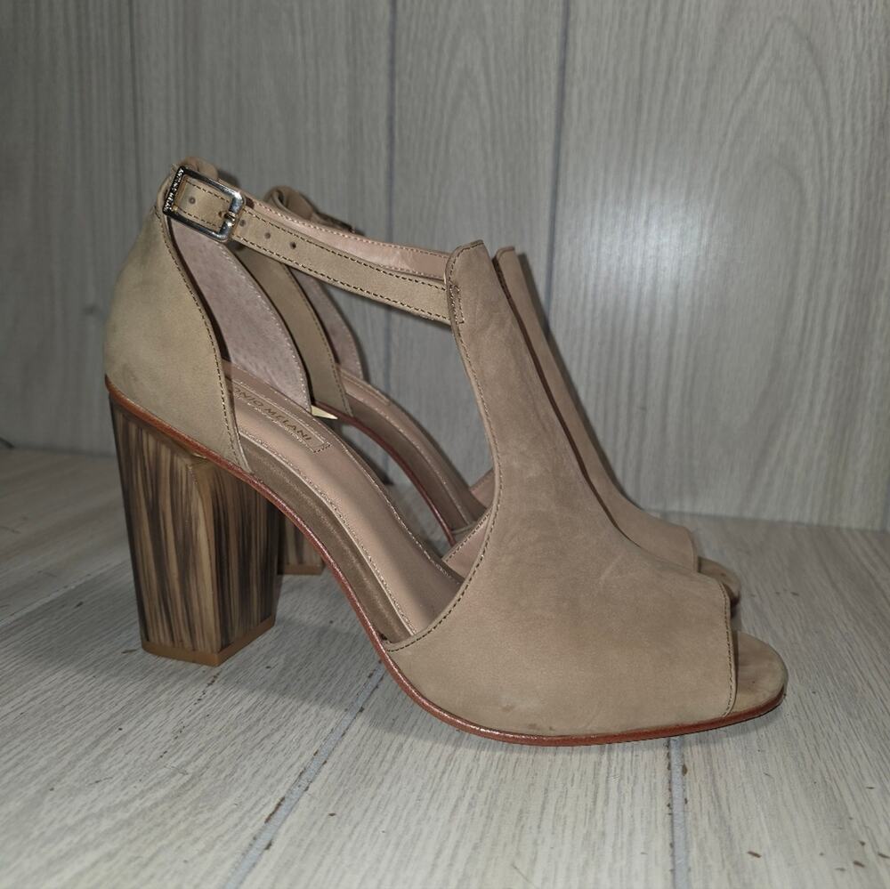 Antonio Melani Leather Heeled Open Toe Bootie Size 10 Tan Wood Block Heel Boho